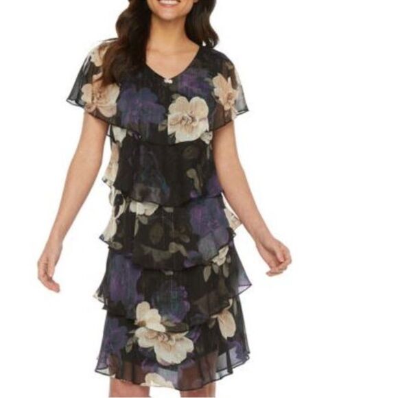 New!! SLNY Floral Rhinestone Black Tiered Flutter Sleeve Midi Dress size 14 - Picture 1 of 10